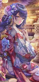 Anime girl in kimono amidst fireworks.