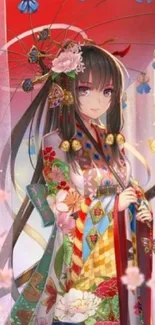 Anime character in vibrant floral attire with a red umbrella.