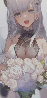 Elegant anime character with bouquet of flowers, light gray background.