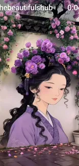Anime woman amidst purple flowers, serene and elegant.