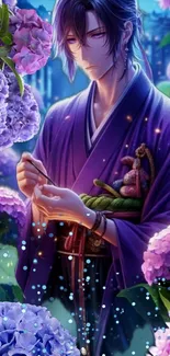 Anime character surrounded by purple hydrangeas.