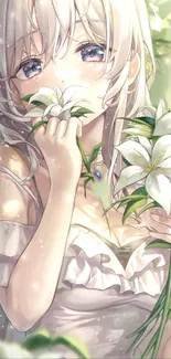 Anime girl with white lilies in a soft light background.