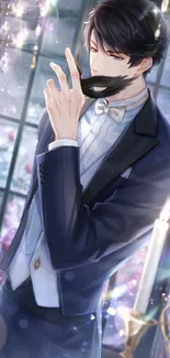 Anime character in formal attire with dark blue suit.