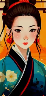 Anime-inspired geisha in traditional attire, vibrant colors.