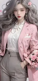 Anime girl with pastel pink fashion aesthetic.