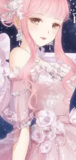 Elegant anime girl in a pink dress with floral accents.