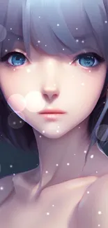 Anime girl with blue-gray hair and captivating gaze.