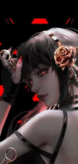 Anime girl with rose headphones on a dark background.