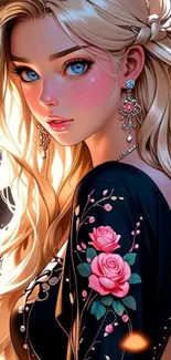 Elegant anime girl with long blonde hair and intricate floral design.