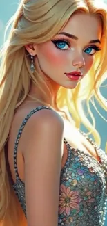Anime-style portrait of a blonde girl with blue eyes and intricate dress design.
