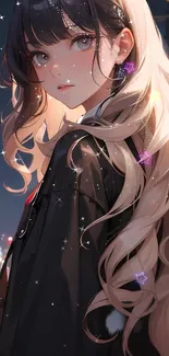 Anime girl stands under city lights with stars in her hair at night.