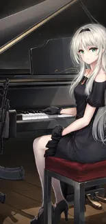 Anime girl seated at piano with rifle, elegant setting.