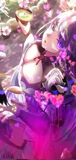 Anime girl surrounded by cherry blossoms.