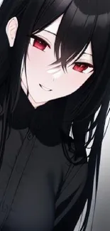 Anime girl with black hair and red eyes on a stylish wallpaper.