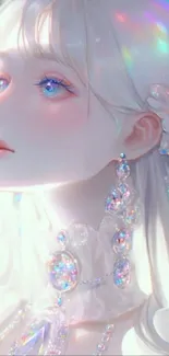 Ethereal anime girl with iridescent jewelry and floral decoration.