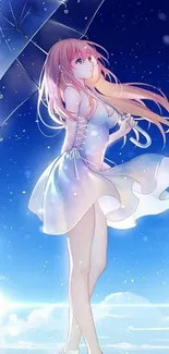 Anime girl in white dress with umbrella against blue sky.