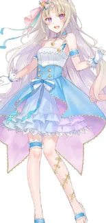 Anime girl in pastel blue dress with flowing hair and decorative elements.