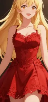 Anime girl in elegant red dress art.