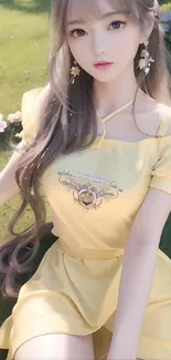 Elegant anime girl in a yellow dress sitting in a garden.