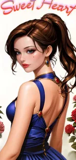 Anime girl in blue dress with roses around her.