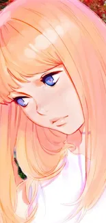 Anime girl with peach hair and blue eyes, serene expression.