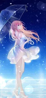 Anime girl with umbrella under a starry blue sky.