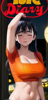 Anime girl in orange top with city background.