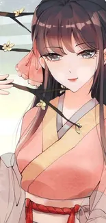 Anime girl in traditional attire with blossoms.