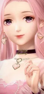 Elegant anime girl with pink hair and heart jewelry.