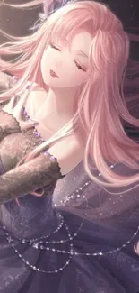 Elegant anime girl with pink hair in a dreamy scene.