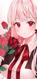 Anime girl with red rose and elegant attire.