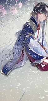 Anime girl in blue kimono with raindrop details on tile floor.