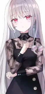 Anime girl with long white hair and black lacy dress.