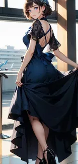 Anime girl in navy dress standing elegantly.