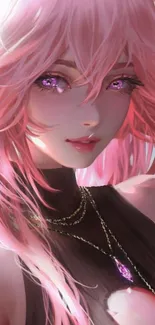 Anime girl with pink hair and eyes in a fantasy styled wallpaper.