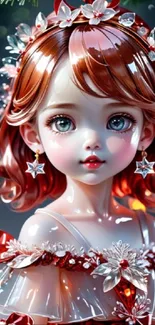 Beautiful anime girl with big eyes and red hair in a fantasy setting.