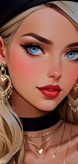 Elegant anime girl with blonde hair and striking blue eyes.