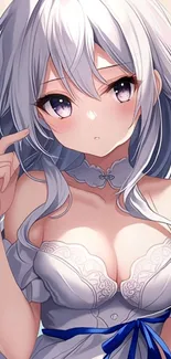Beautiful anime girl with white hair in elegant attire.