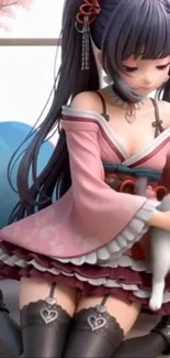 Elegant anime girl in pink attire with detailed design.