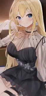 Elegant anime girl with blonde hair in a black dress.