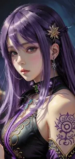 Elegant anime girl with purple hair and intricate tattoos on mobile wallpaper.