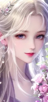 Anime girl with pink roses and soft lavender hues.