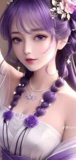 Anime girl with purple hair and floral accents.