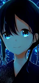 Anime girl with blue eyes and dark hair in a vibrant blue background.