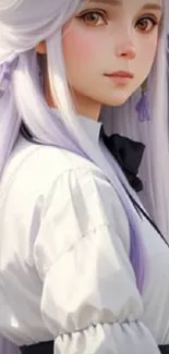 Anime girl with white hair in a lavender field.