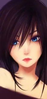 Anime girl with blue eyes and dark hair, elegant and mysterious style.