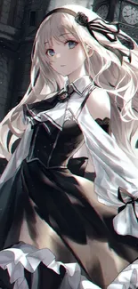 Elegant anime girl with flowing dress in a gothic clock tower backdrop.