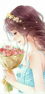 Anime girl with braided hair holding a bouquet of flowers.