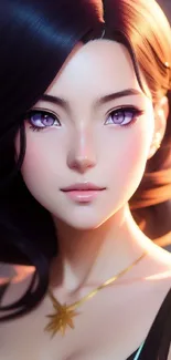 Elegant anime girl with dark hair and captivating gaze, perfect wallpaper design.