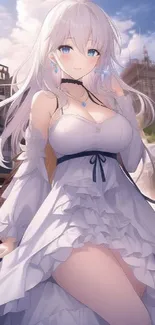 Anime girl in white dress with urban backdrop, elegant and serene.